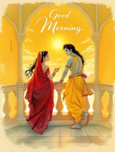 radha krishna good morning image 7 A luxurious Radha Krishna good morning image with divine radiance and large, elegant calligraphy for inspiring greetings.
