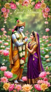 radha krishna good morning image 8 A Radha Krishna good morning image amidst a burst of flowers, radiating love and beauty, highlighted by large, delicate calligraphy