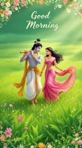 radha krishna good morning image 9 A loving Radha Krishna good morning image with large calligraphy enhancing the divine affection and elegance of the scene.