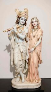 Radha Krishna marble murti images are beautifully detailed, showcasing Krishna’s enchanting flute and Radha’s graceful presence in marble sculptures.