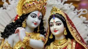 Radha Krishna marble murti images capture Krishna’s divine melody and Radha’s affectionate gaze in beautifully detailed marble sculptures.