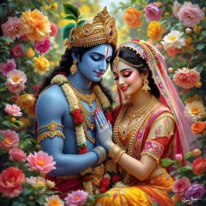 Radha Krishna pics for DP capture the blossoming love of Radha and Krishna amidst nature’s beauty.