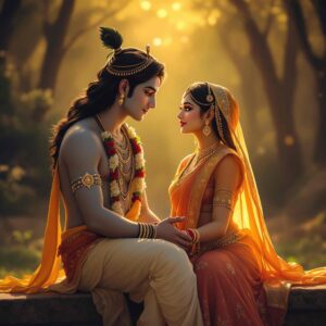 Radha Krishna pics for DP capture the couple’s magical moment in an enchanted forest filled with love.