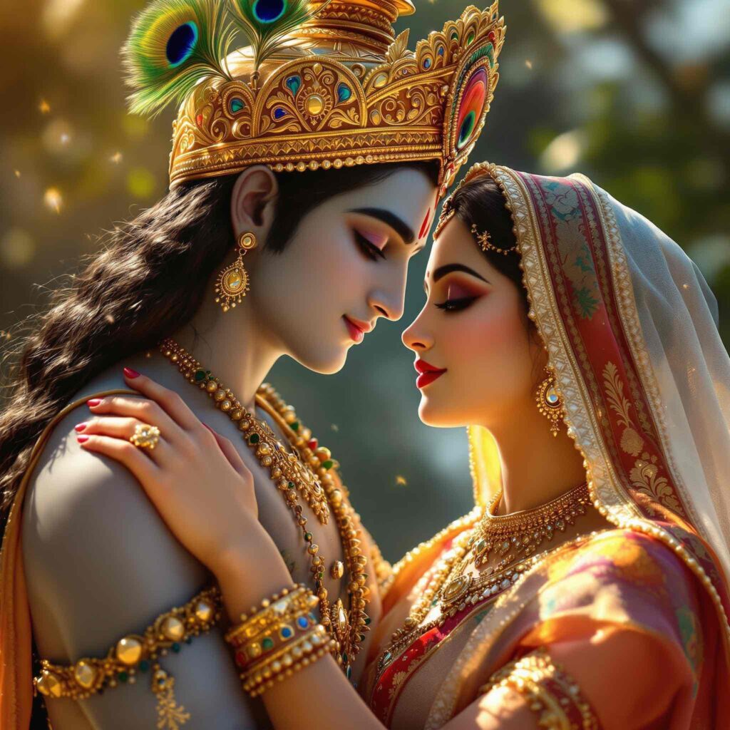 Heavenly Radha Krishna pics for DP capture their divine, romantic embrace in a celestial world of love.