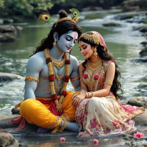 These Radha Krishna pics for DP showcase a moment of bliss between the divine lovers by the river.