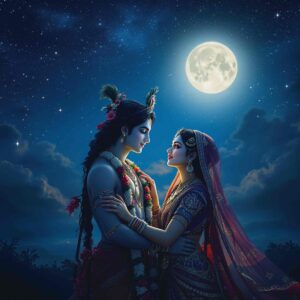 Discover Radha Krishna pics for DP, where their love shines bright under the moonlight, full of romance.