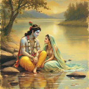 Radha Krishna pics for DP show their love by the river, full of peaceful, romantic energy.