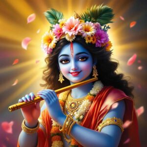 Blissful "shri krishna dp for whatsapp" capturing Krishna with a flower crown, red shawl, and divine golden glow.