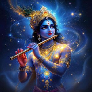 Mystical "shri krishna dp for whatsapp" showing Krishna playing the flute under starlight, adorned with silver attire and glowing divinely.