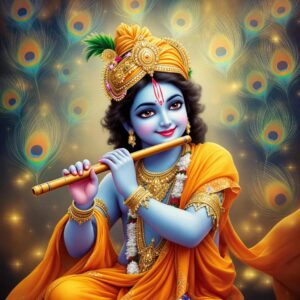 Stunning "shri krishna dp for whatsapp" portraying Krishna with a peacock aura, glowing skin, and serene divine charm.