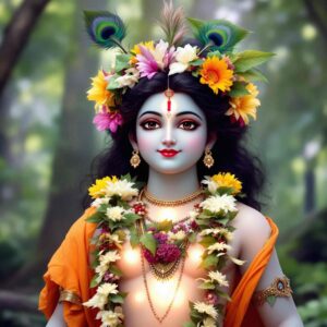 Beautiful "shri krishna dp for whatsapp" featuring Krishna with a forest garland, peacock feather, and serene forest surroundings.