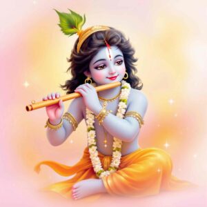 Captivating "shri krishna dp for whatsapp" featuring Krishna radiating love in a sunlit meadow with his flute and floral adornments.