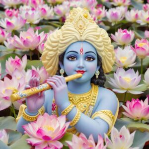 Elegant "shri krishna dp for whatsapp" capturing Krishna amidst lotuses, his flute, and glowing presence with a serene expression.