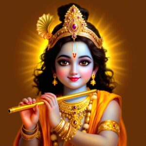 Majestic "shri krishna dp for whatsapp" highlighting Krishna in gem-studded attire with his celestial flute and glowing blue skin.