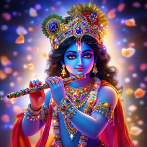 A serene "shri krishna dp for whatsapp" showcasing Krishna playing the flute with a celestial golden-blue backdrop and glowing aura.