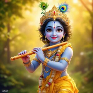 Create a divine "shri krishna dp for whatsapp" featuring Krishna in a yellow dhoti, peacock feather, and glowing blue skin.