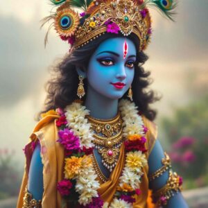 Mesmerizing "shri krishna dp for whatsapp" featuring Krishna with a flower garland, peacock-feathered crown, and serene Yamuna river backdrop.