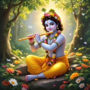 Divine "shri krishna dp for whatsapp" showcasing Krishna in Vrindavan with pearls, a glowing aura, and a celestial flute.