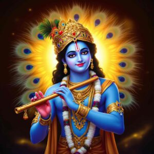 Unique "shri krishna dp for whatsapp" featuring Krishna with a peacock-feather crown, vibrant flute, and divine celestial glow.