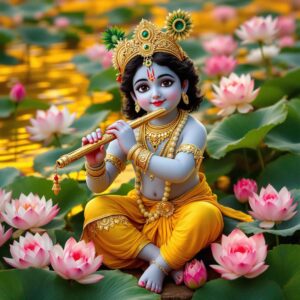 Stunning "shri krishna dp for whatsapp" capturing Krishna with a radiant flute, glowing lotuses, and serene divine beauty.