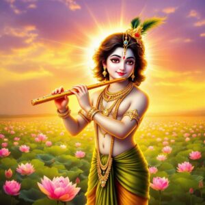 Divine "shri krishna dp for whatsapp" showing Krishna with lotuses, golden ornaments, and a glowing serene water backdrop.