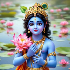 Graceful "shri krishna dp for whatsapp" featuring Krishna holding a lotus, wearing golden attire, and surrounded by a tranquil lake.