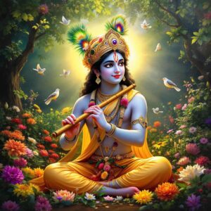 Enchanting "shri krishna dp for whatsapp" featuring Krishna amidst Vrindavan greenery with a flower garland and peaceful expression.