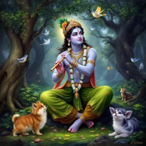 Vibrant "shri krishna dp for whatsapp" featuring Krishna in a radiant Vrindavan garden with birds, flowers, and serene charm.