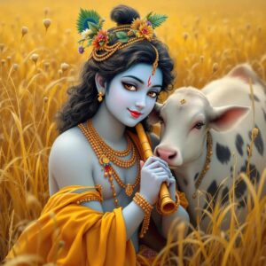 Peaceful "shri krishna dp for whatsapp" featuring Krishna with a cow, holding a flute, and radiating divine love.