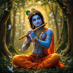 Blissful "shri krishna dp for whatsapp" showcasing Krishna with a jasmine garland, glowing aura, and serene divine expression.