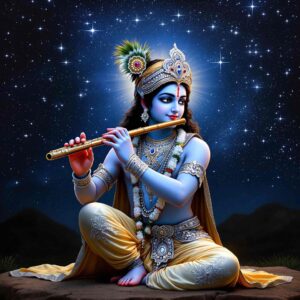 Mystical "shri krishna dp for whatsapp" showing Krishna playing the flute under starlight, adorned with silver attire and glowing divinely.