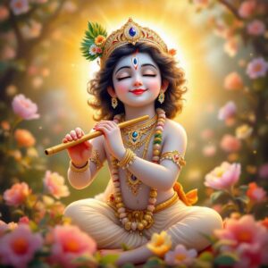 Elegant "shri krishna dp for whatsapp" capturing Krishna amidst lotuses, his flute, and glowing presence with a serene expression.