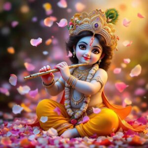 Elegant "shri krishna dp for whatsapp" capturing Krishna with floating petals, floral glow, and intricate attire.