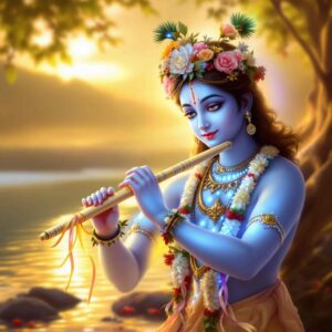 Serene "shri krishna dp for whatsapp" showcasing Krishna in a sunlit forest with golden rays, floral garland, and divine charm.