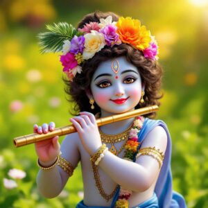 Mesmerizing "shri krishna dp for whatsapp" showcasing Krishna with a glowing aura, floral garland, and flute music emanating divinity.