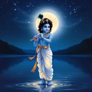 Mystical "shri krishna dp for whatsapp" with Krishna under moonlight by the Yamuna, wearing white silk and glowing divinely.