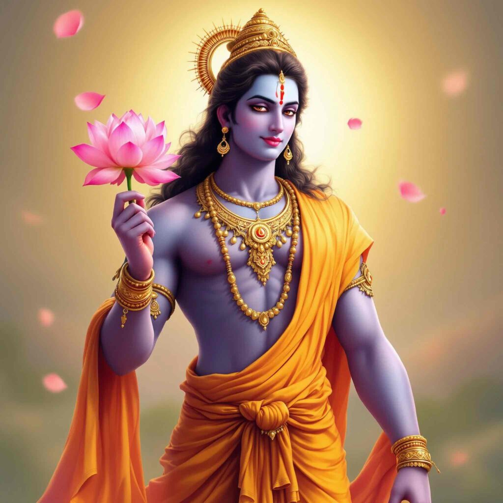 A perfect "shri ram dp for whatsapp" showcasing Lord Ram holding a golden bow, exuding divine grace and strength.