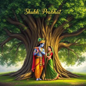 Feel the spiritual grace with these “Shubh Prabhat Radha Krishna images,” where the love and beauty of nature embrace them.