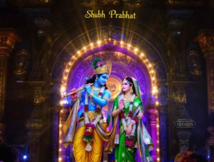 Start your day with the spiritual serenity of "Shubh Prabhat Radha Krishna images" in a temple of divine blessings.