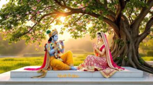 Begin your day with "Shubh Prabhat Radha Krishna images" from the sacred forest, where divine love thrives in nature.