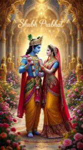 Start your day with "Shubh Prabhat Radha Krishna images" in the garden of divine flowers, where love and nature unite.