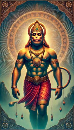 Hanuman Ji standing photo with a spiritual aura representing divine grace.