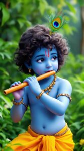 A stylish cute Krishna DP for WhatsApp, showing Krishna playing his flute in the forest, perfect for a peaceful and cute profile image.