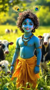 A stylish cute Krishna DP for WhatsApp, showcasing Krishna in his cowherd attire, perfect for a youthful and playful profile picture.