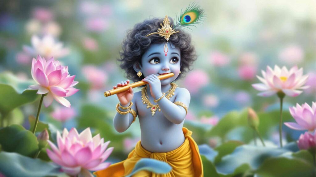 A stylish cute Krishna DP for WhatsApp, showcasing Krishna’s divine radiance, perfect for a profile picture full of light and energy.