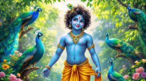 A stylish cute Krishna DP for WhatsApp, showcasing Krishna’s elegance with peacocks, perfect for those seeking a serene profile image.