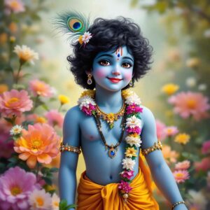 A stylish cute Krishna DP for WhatsApp, showcasing Krishna’s eternal bliss, perfect for a joyful and divine profile image.