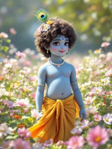 A stylish cute Krishna DP for WhatsApp, showing Krishna in a blissful garden, perfect for a serene and vibrant profile image.