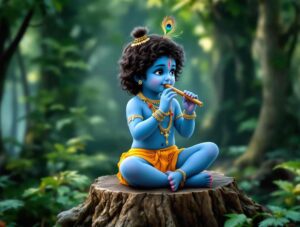 A stylish cute Krishna DP for WhatsApp, depicting Krishna’s flute-playing charm, perfect for adding divine elegance to your profile picture.