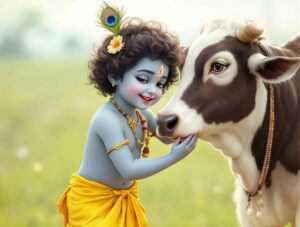 A stylish cute Krishna DP for WhatsApp, capturing Krishna with his sacred cow, perfect for a profile image with divine harmony.